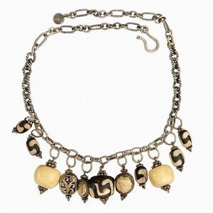 Statement African Batik Bone Bead Necklace Tribal 925 Silver Chunky Boho